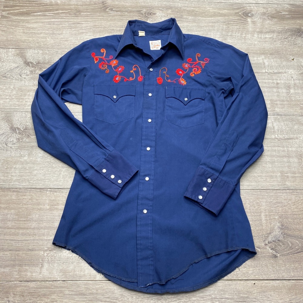 Vintage Western Shirt Floral Embroidered Blue Women's Snap Embroidered Sawtooth